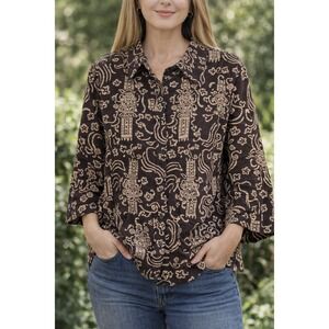 Vintage Chicos Brown Artsy Tribal Aztec Print Linen Blend Button Front Shirt 2/L